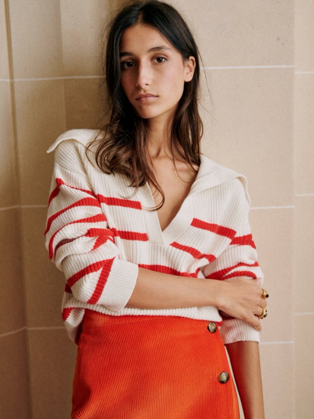 Sezane Tahar Jumper Ecru / Red - Size XXS
